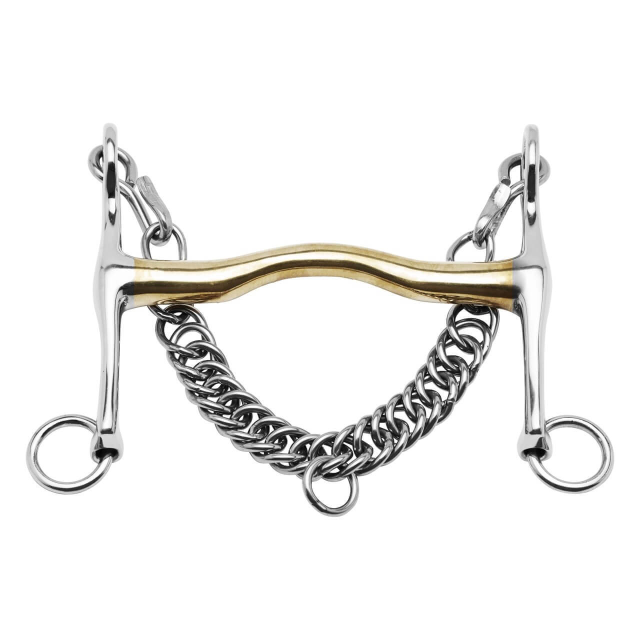 Gebisse, Trense mit gebogenem Mundstück und Kette vor weißem Hintergrund. Gebisse, Trense mit gebogenem Mundstück und Kette vor weißem Hintergrund.