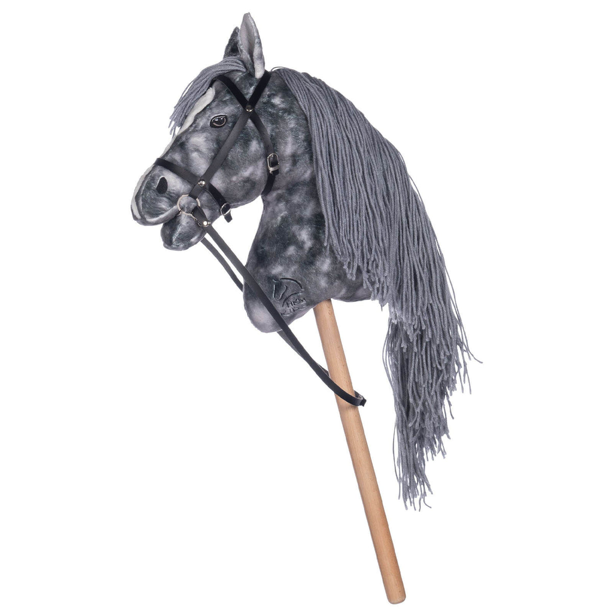 Steckenpferd Hobby Horse Spielzeugpferd, Grau, Produkt allein auf weißem Hintergrund.