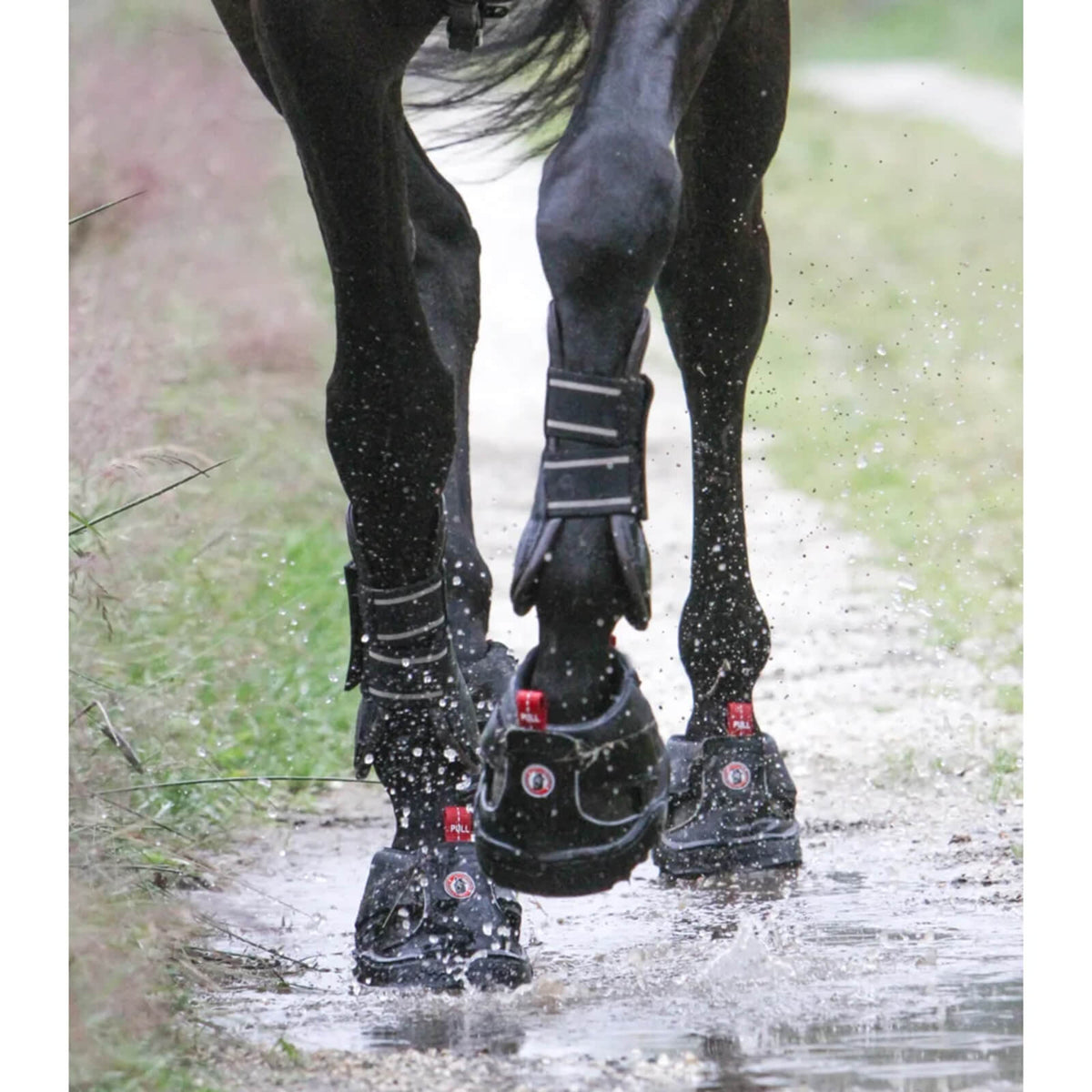 Equine Fusion Hufschuh Trekking Outdoorhufschuh, schwarze Hufschuhe an Pferdebeinen im Matsch.