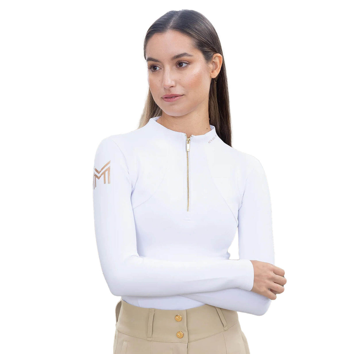 Base Layer Damen Winter Long Sleeve Funktionsshirt, White, Modell trägt das Shirt.