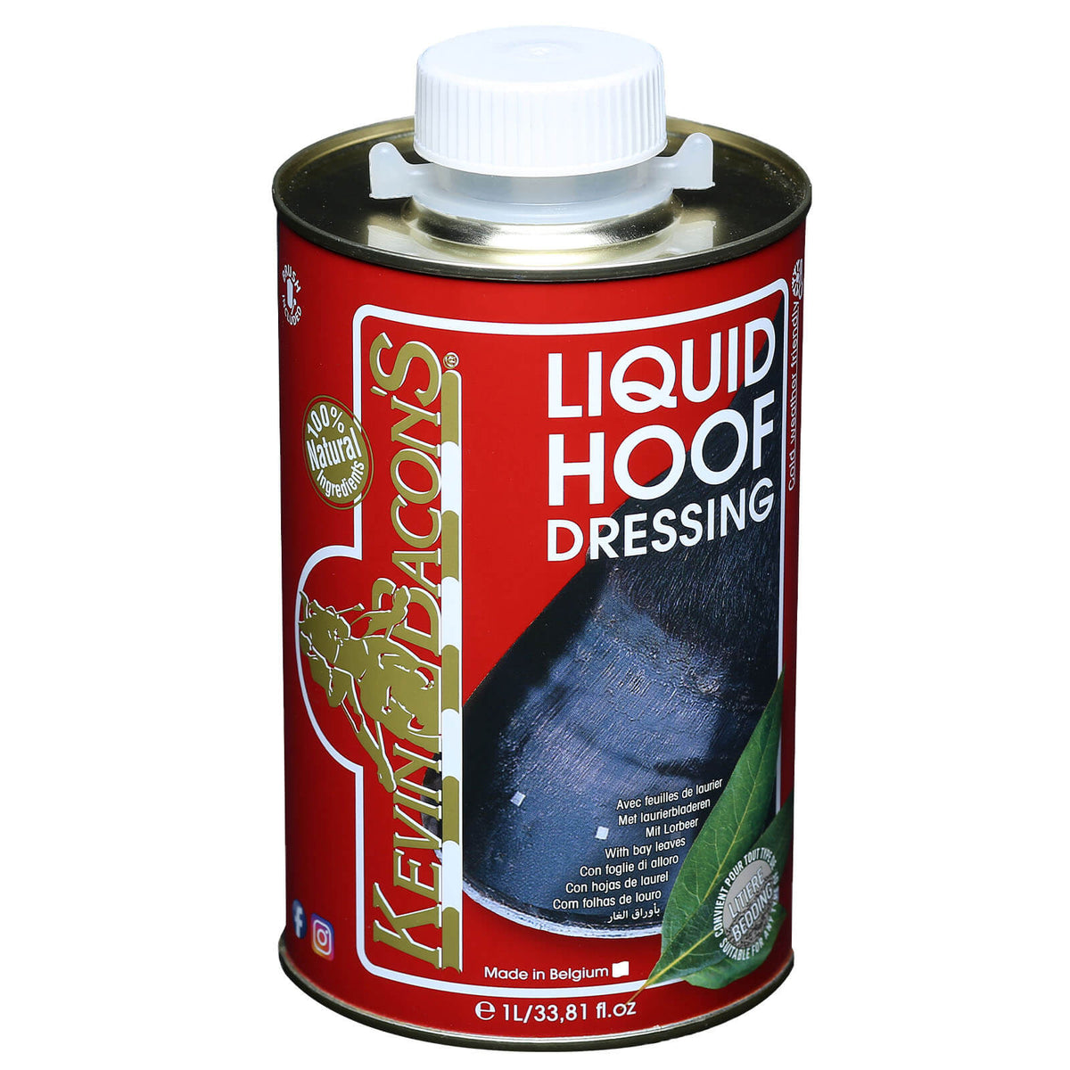 Kevin Bacons Hufpflege Liquid Hoofdressing, 1000 ml, Dose auf weißem Hintergrund.