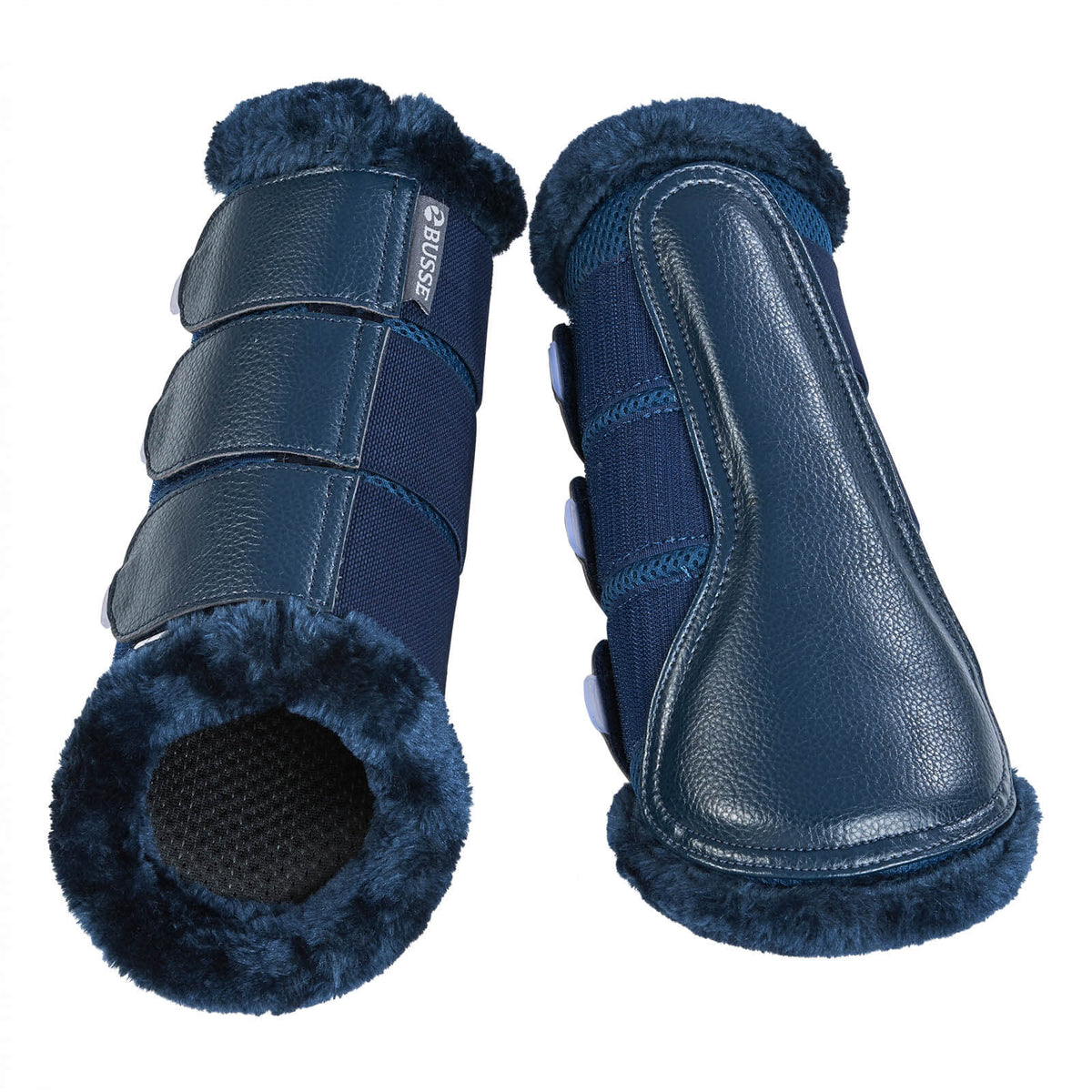 Busse Gamaschen Breezy-Plush Beinschutz für Vorder- und Hinterbeine, Navy, Paar auf weißem Hintergrund.