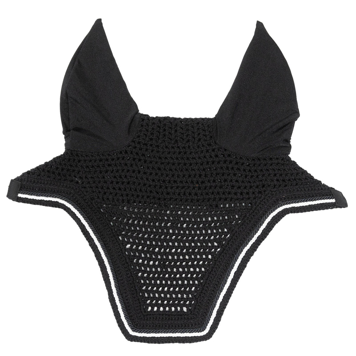 Kentucky Horsewear Fliegenmütze Geräuschlos Fly Veil Wellington Diamond Rope Soundless Fliegenohren Schwarz, Produkt allein auf weißem Hintergrund.