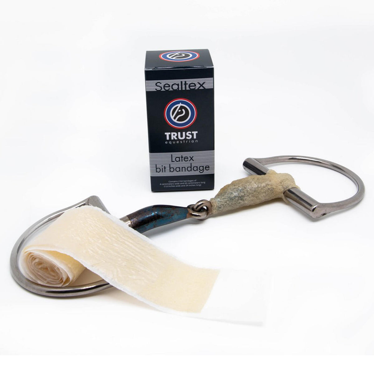 Trust Equestrian Gebiss Bandage Sealtex Latex Bit Bandage, Creme, Produkt und Detailaufnahme am Gebiss.