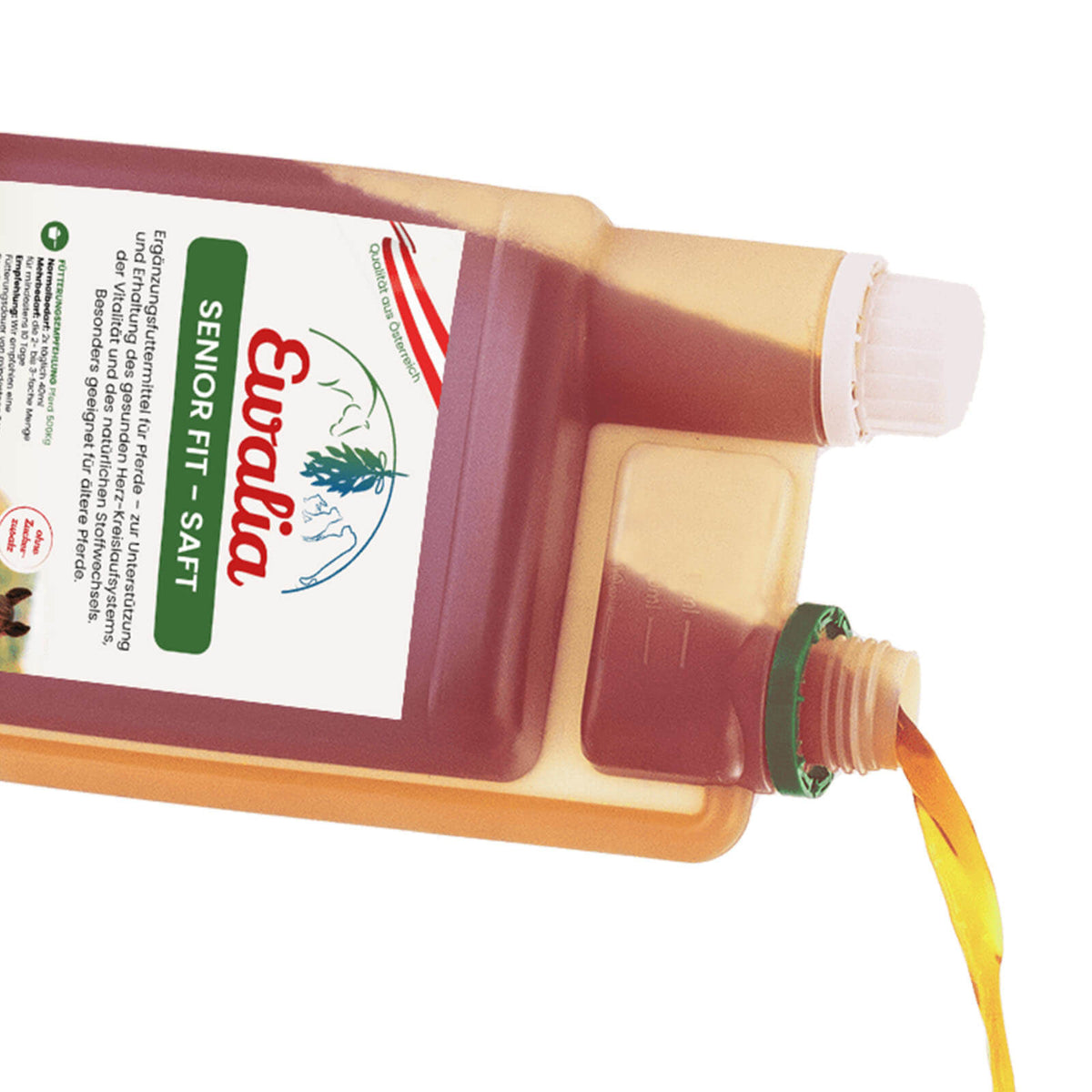 Ewalia Senior Fit- Saft Ergänzungsfuttermittel, braun, Produkt allein mit ausgeschenktem Saft.