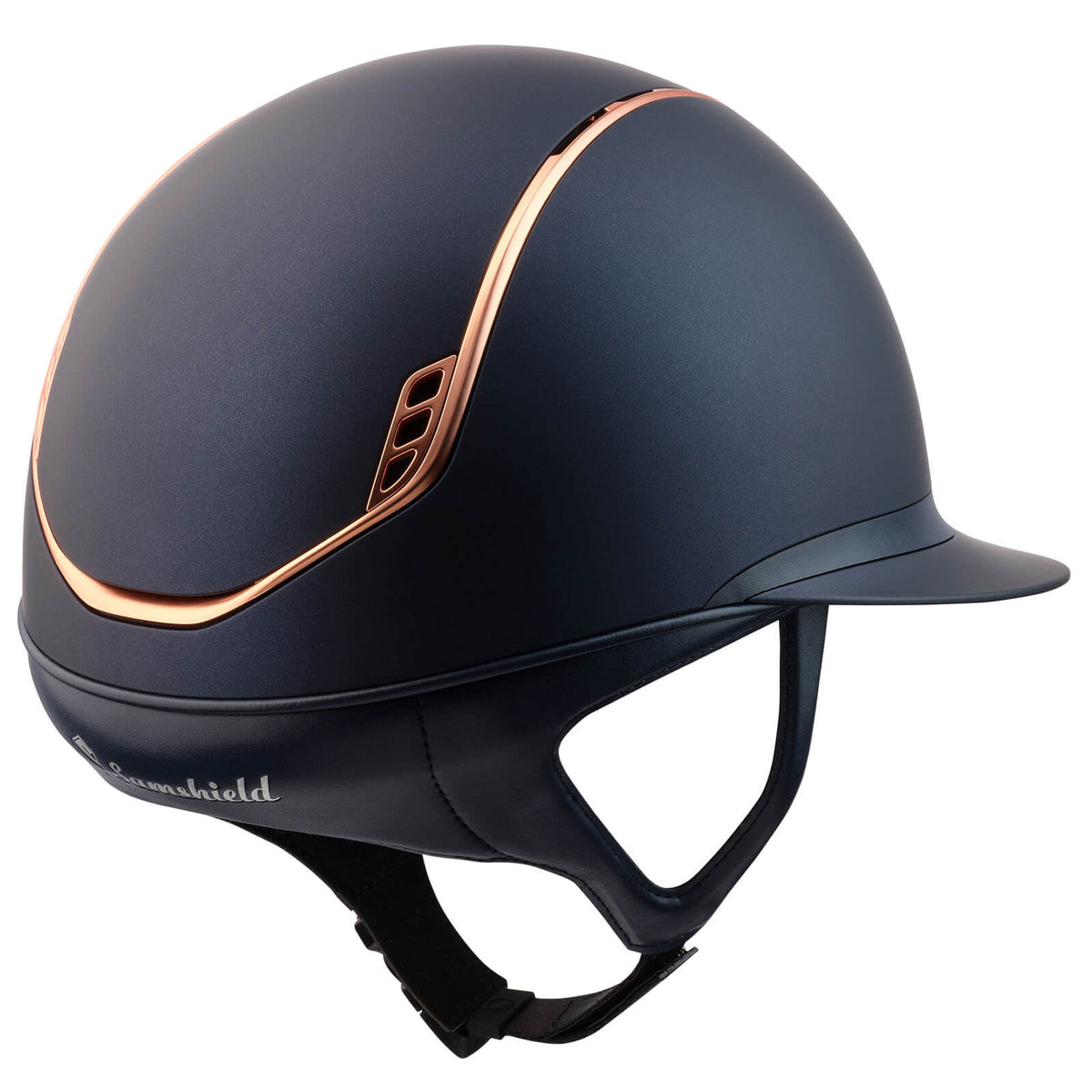 Reithelm Miss Shield Shadowmatt 2.0 Blue Pink Gold, Detailaufnahme des Helms auf weißem Hintergrund.