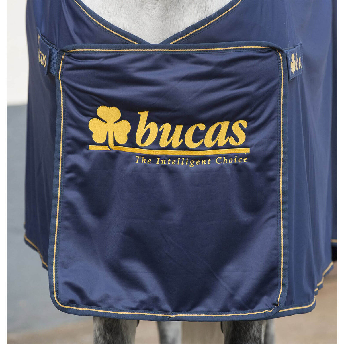 Bucas Abschwitzdecke Panel Prize Cooler, Navy, an Pferd getragen.