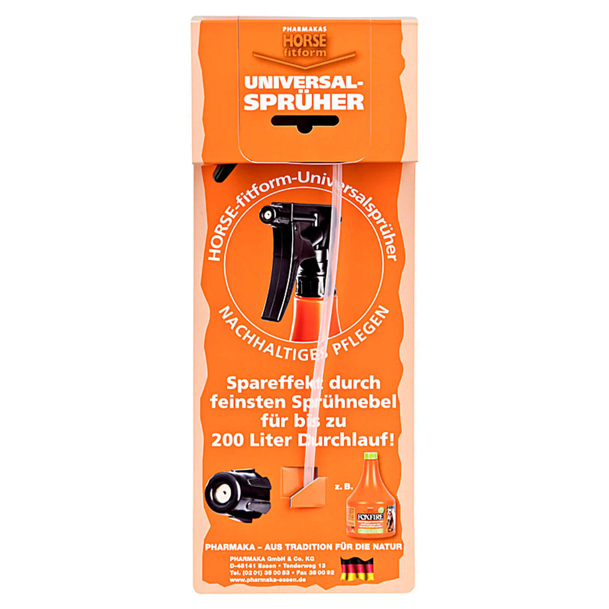 Pharmakas Horse Fitform Universalsprüher Sprühkopf Wiederverwendbar, Produkt allein auf orangefarbener Verpackung.