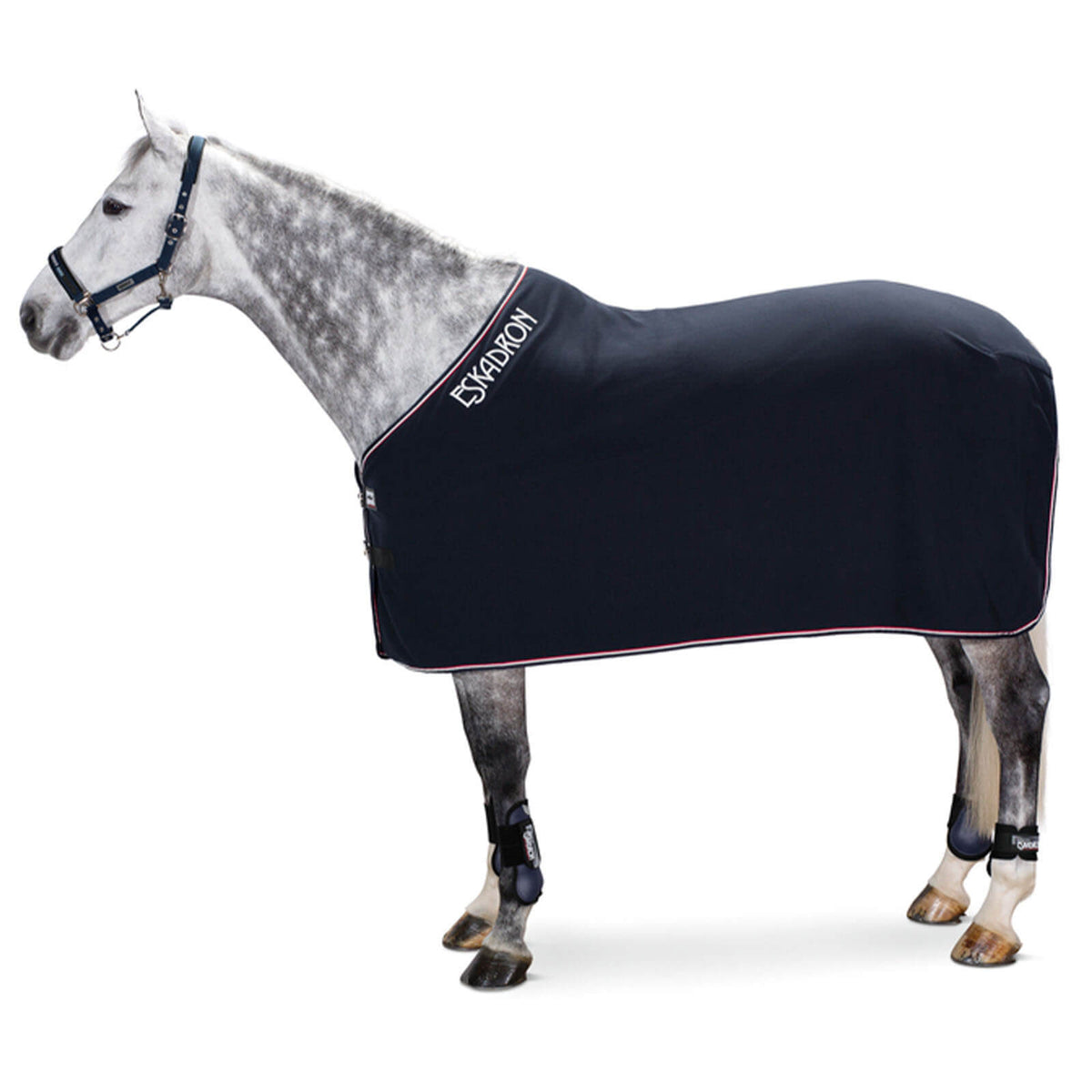 Eskadron Abschwitzdecke Fleece Contrast Basics, Nightblue, Pferd trägt die Decke.