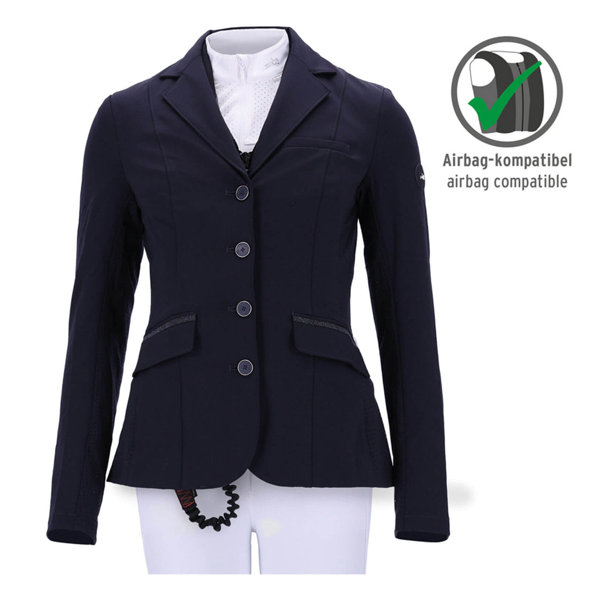 Turnierjacket Damen Amelie Turniersakko, Darkblue, an Reiterin mit weißer Reithose und Airbag-Symbol.