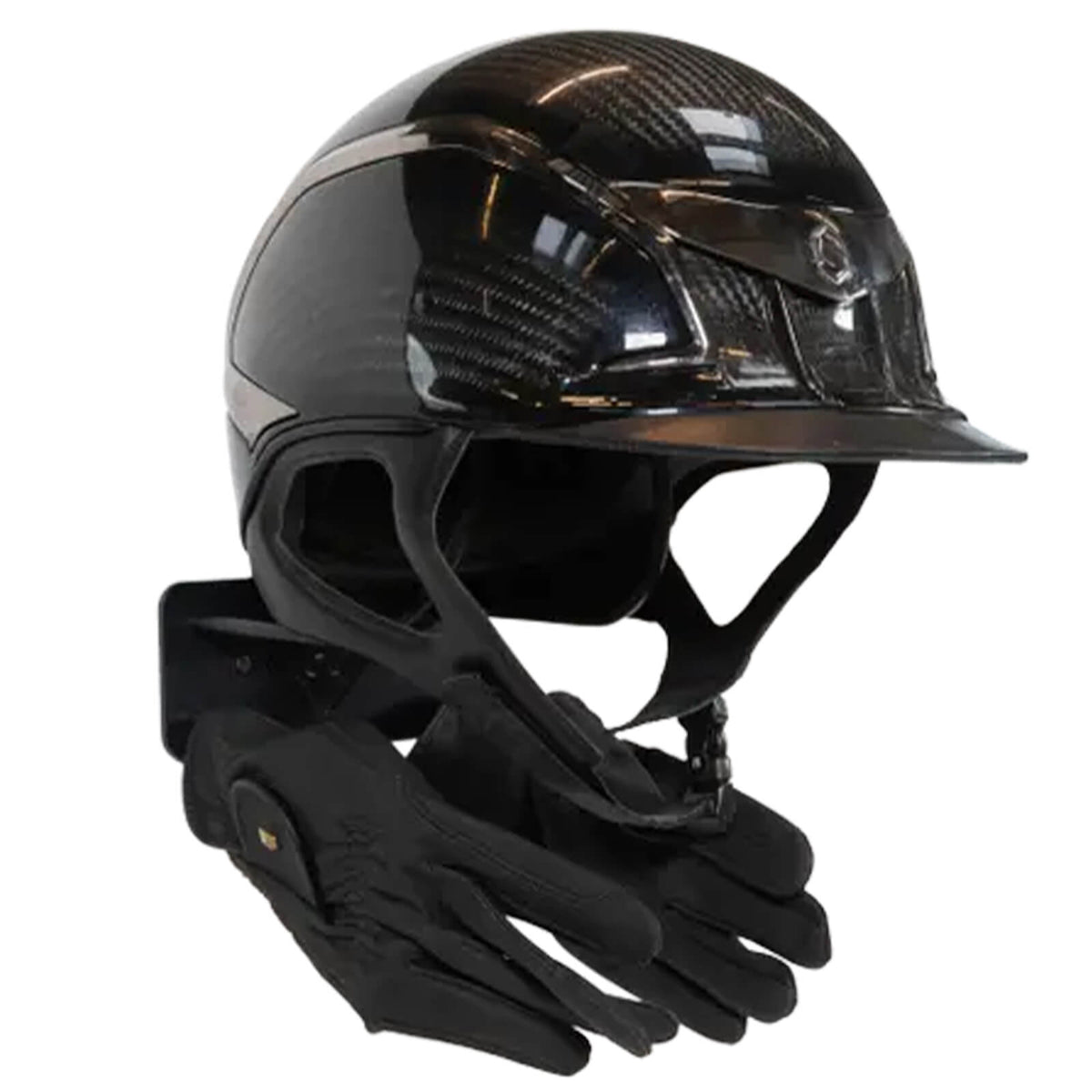 Grooming Deluxe Reithelmhalter Stahl mit Haken, Schwarz, Produkt allein mit Helm und Handschuhen.