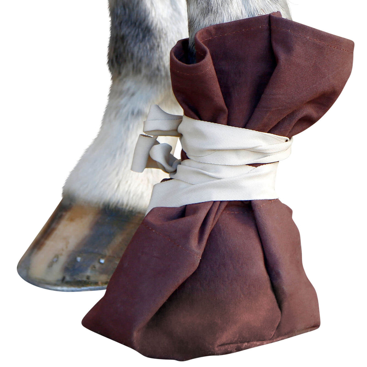 KERBL Hufschuh Behandlungsschuh für Hufe, Braun, an Pferdehuf angelegt.