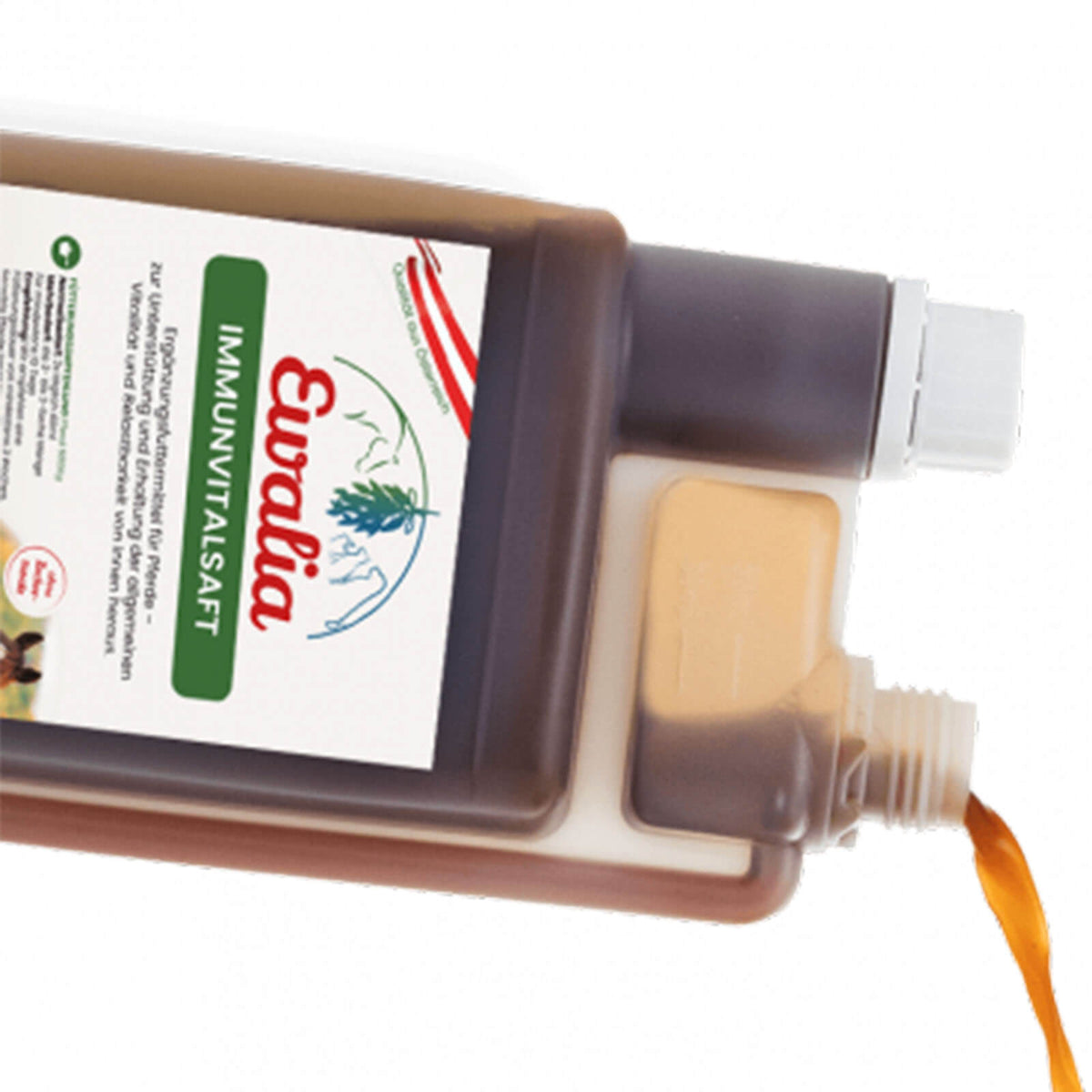 Ewalia Immunvitalsaft Ergänzungsfuttermittel, braune Flasche mit auslaufender Flüssigkeit.