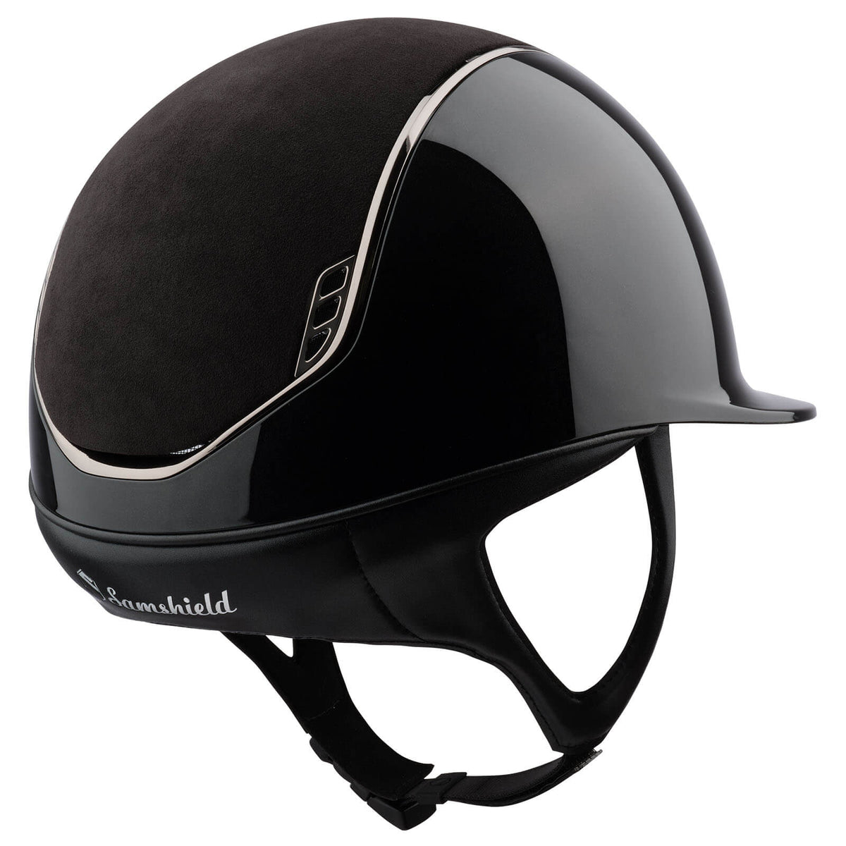 Samshield Reithelm Shadowglossy 2.0 Black Alcantara, Schwarz, Produkt allein auf weißem Hintergrund.
