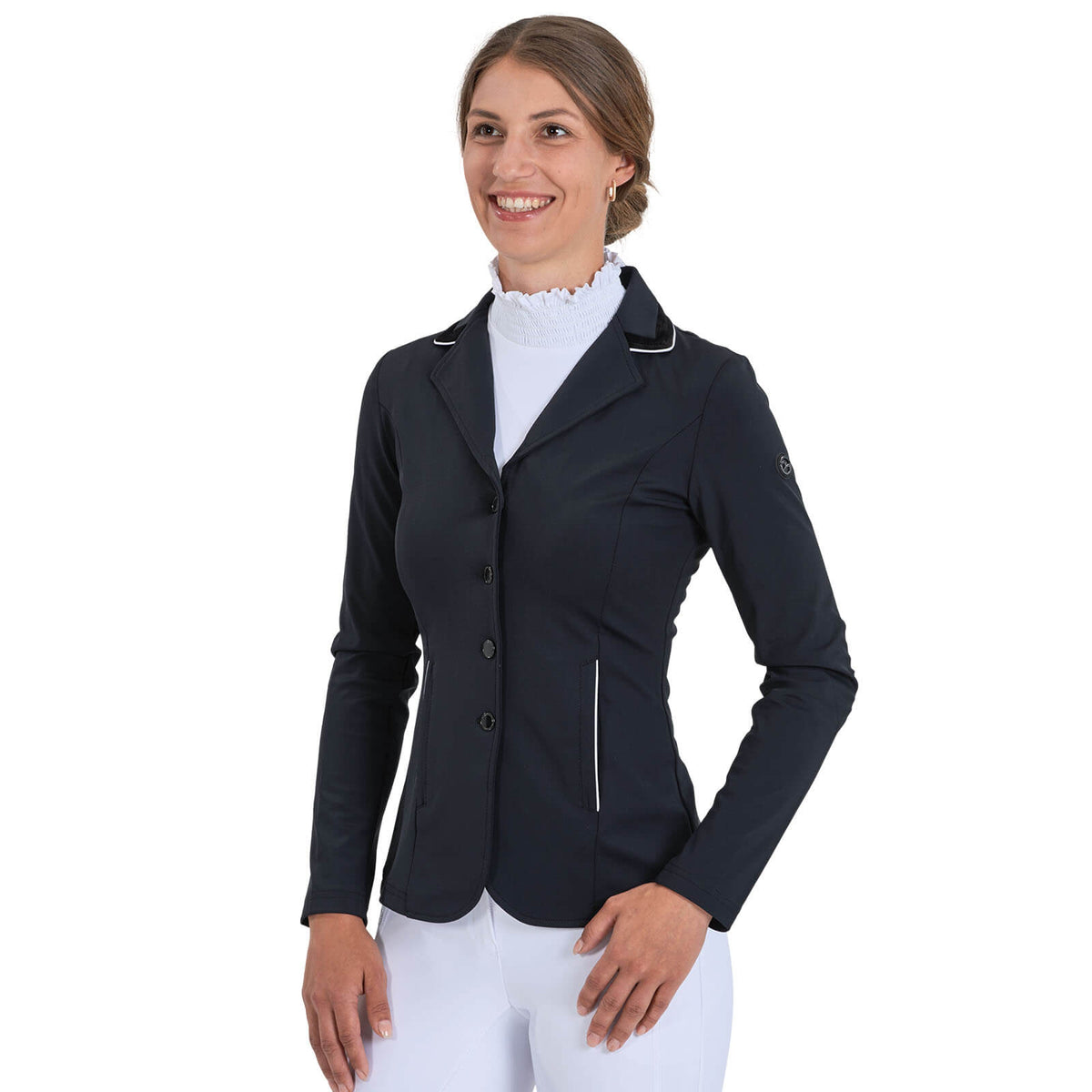 Turnier-Sakko Damen Palermo Turnierjacket, Schwarz, an Reiterin getragen.