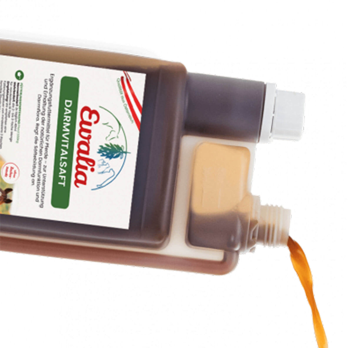 Ewalia Darmvitalsaft Ergänzungsfuttermittel, braune Flasche mit auslaufender Flüssigkeit.