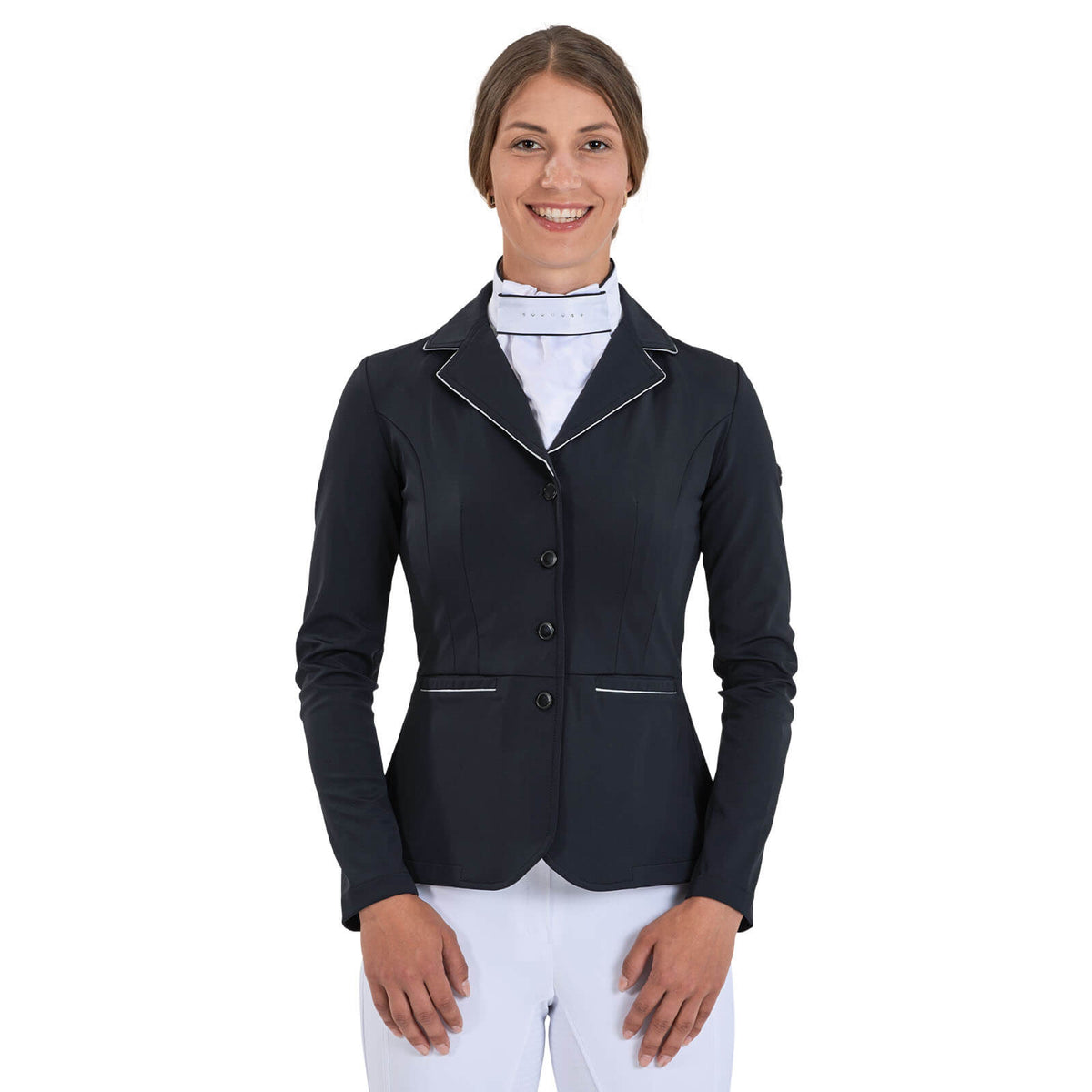 Turnier-Sakko Damen Monteau Turnierjacket, Schwarz, Person trägt das Sakko frontal.