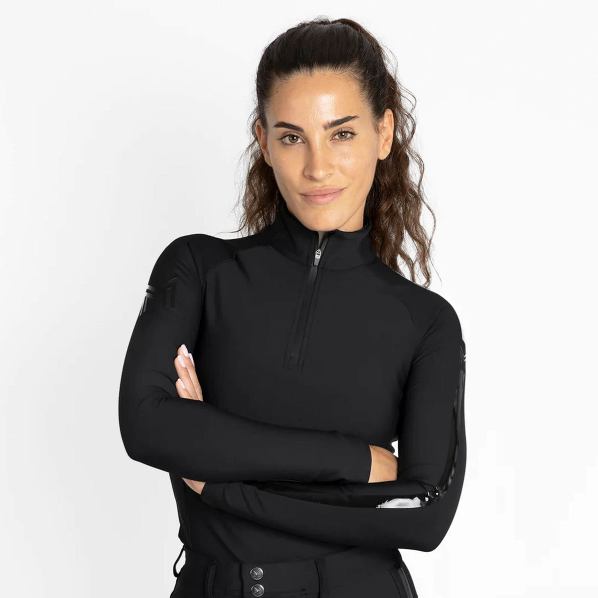 Base Layer Damen Reflection Long Sleeve Funktionsshirt, Black, Frau trägt das Produkt.
