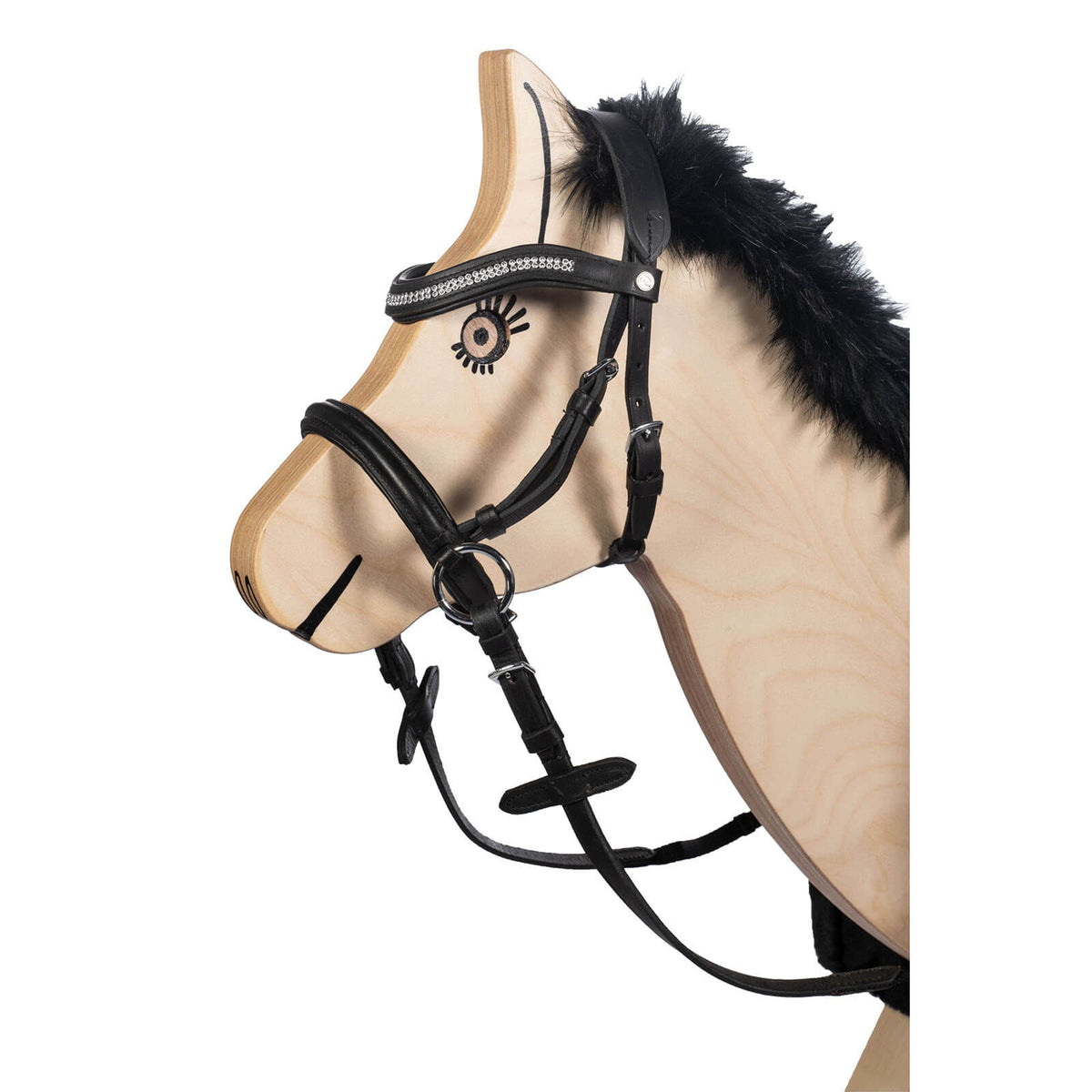 Gebisslose Trense für Holzpferde Funny Horses, Schwarz, Detailaufnahme am Holzpferd.