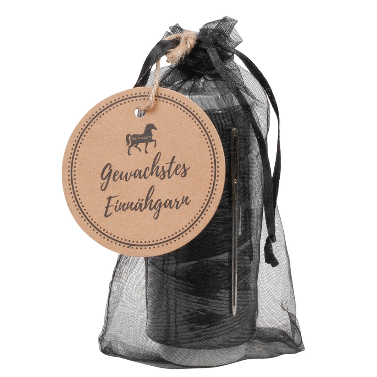 Animalon Einnähgarn gewachst, Schwarz, Produkt im Beutel mit Anhänger auf weißem Hintergrund.
