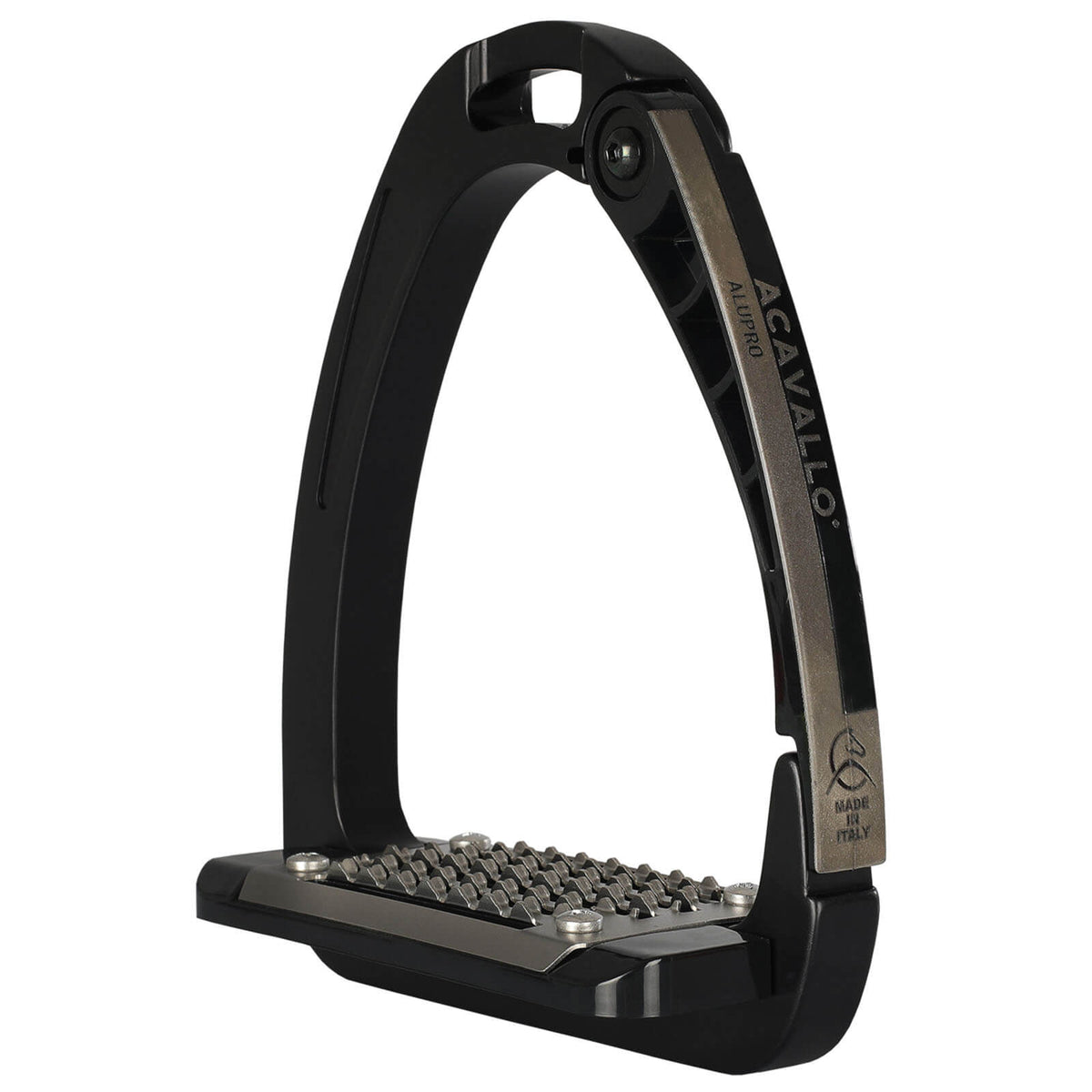Acavallo Sicherheits Steigbügel Arena Alupro, Schwarz, Produkt allein auf weißem Hintergrund.