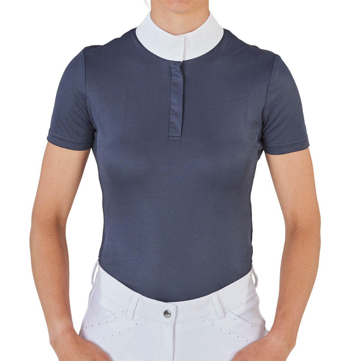 Turnier-Shirt Aarhus Stehkragen, Dunkelblau, Person trägt das Shirt.