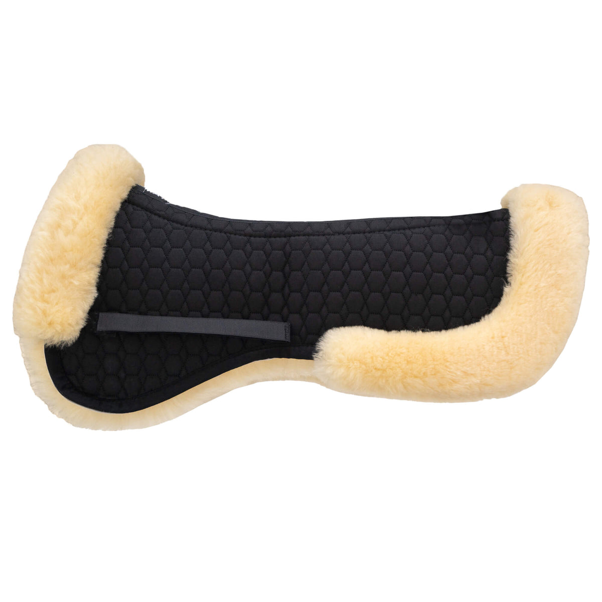 Sattelkissen Lammfell mit Correction®-System Sattelpad, Hellgelb/Schwarz, Produkt allein auf weißem Hintergrund.