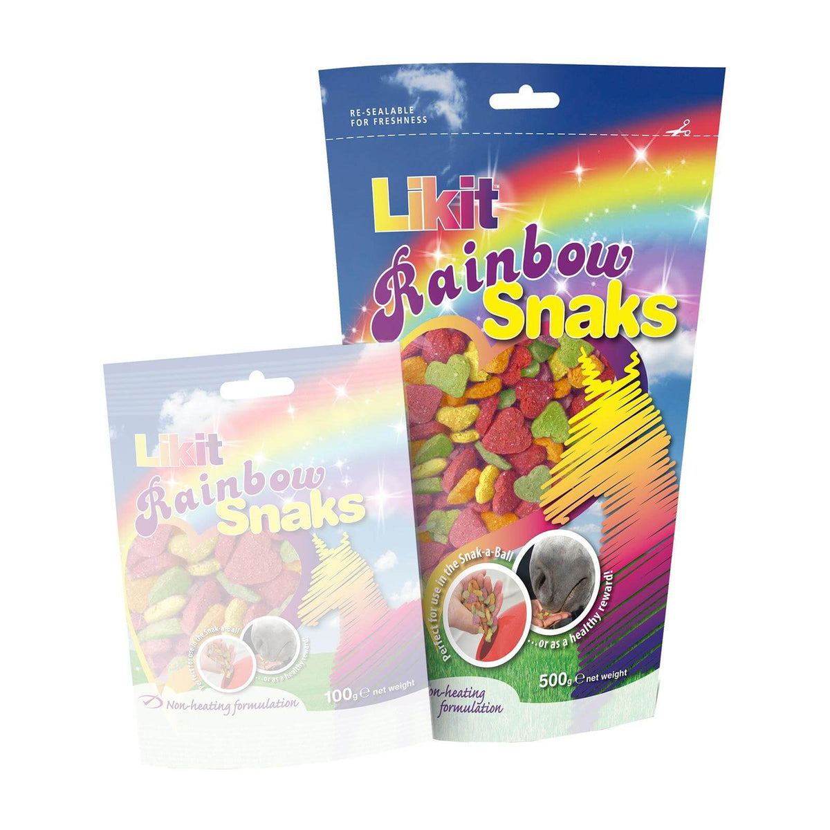 Likit Snaks, 500 g, mehrere Farbvarianten, Produktverpackungen nebeneinander.