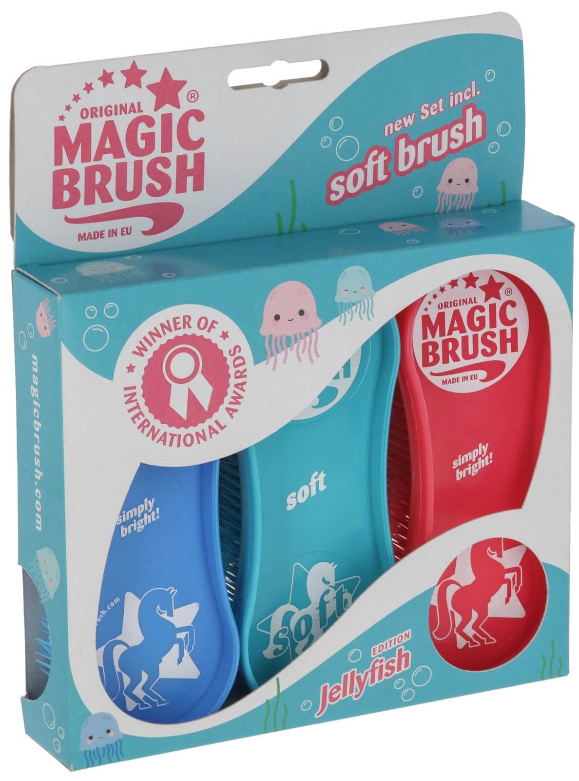 Magic Brush Bürstenset Jellyfish Putzbürste, mehrfarbig, Produktverpackung mit drei Bürsten.