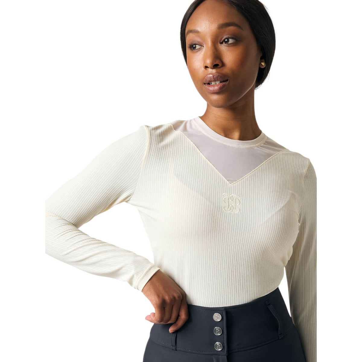 Longsleeve Striped Mesh Top Leander LS FS 2025 Langarmshirt, Vanilla Beige, Model trägt das Oberteil.