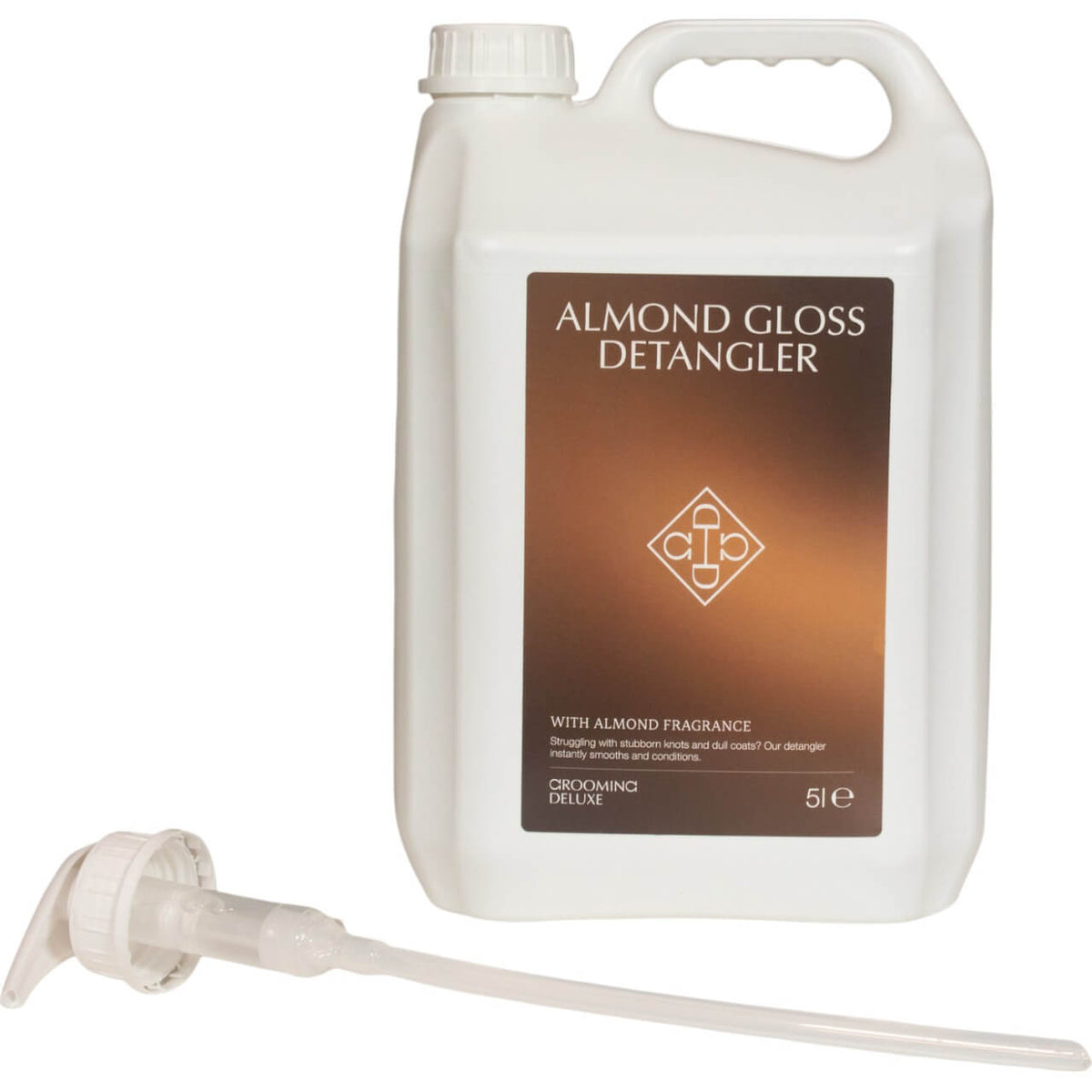 Grooming Deluxe Mähnenspray Detangler Gloss Almond, 5 L, Produkt allein mit Pumpaufsatz auf weißem Hintergrund.