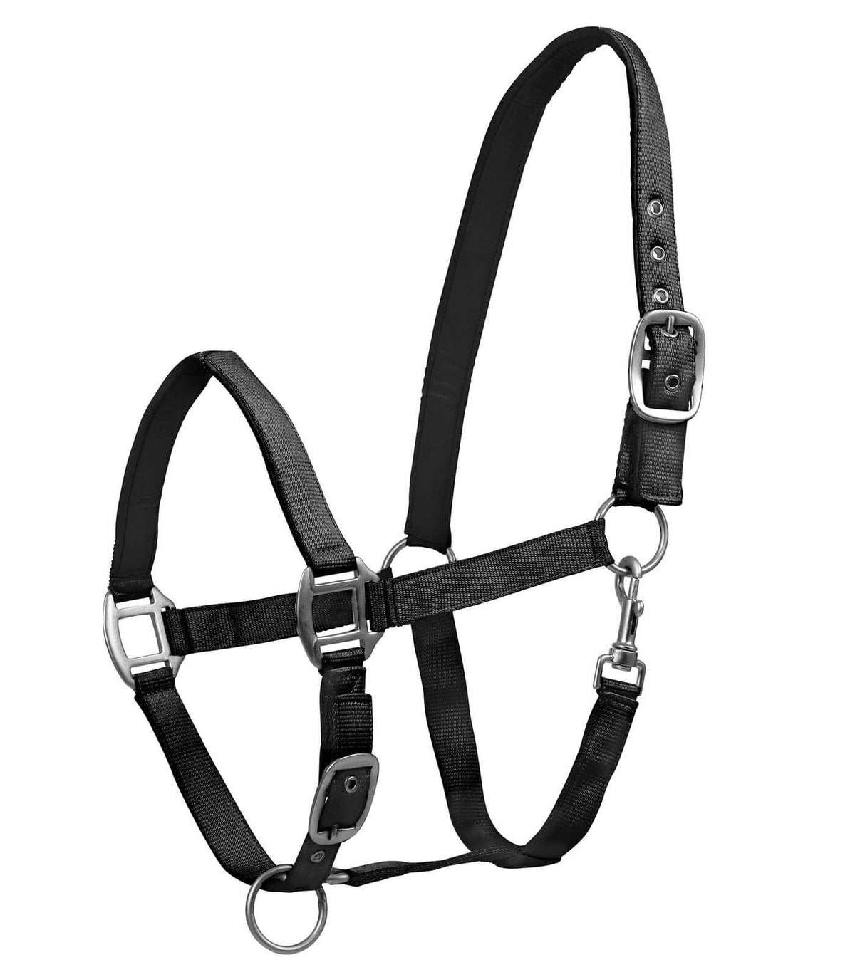 Perlonhalfter Satin, Schwarz, Produkt allein auf weißem Hintergrund.