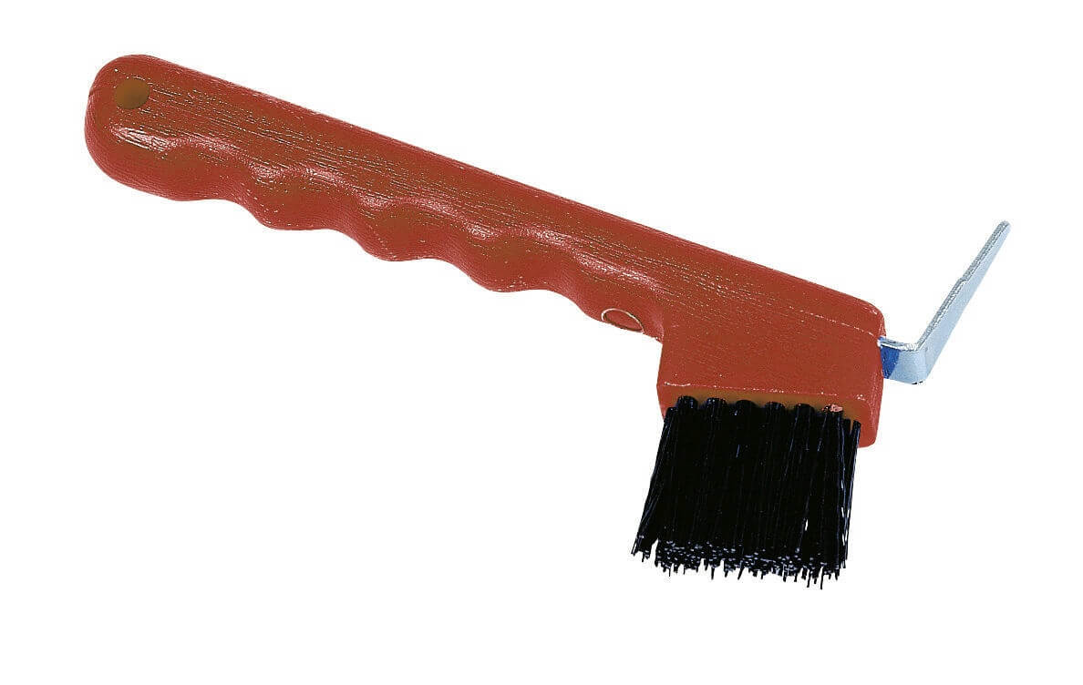 Covalliero Hufkratzer mit Bürste, Rot, Produkt allein auf weißem Hintergrund.