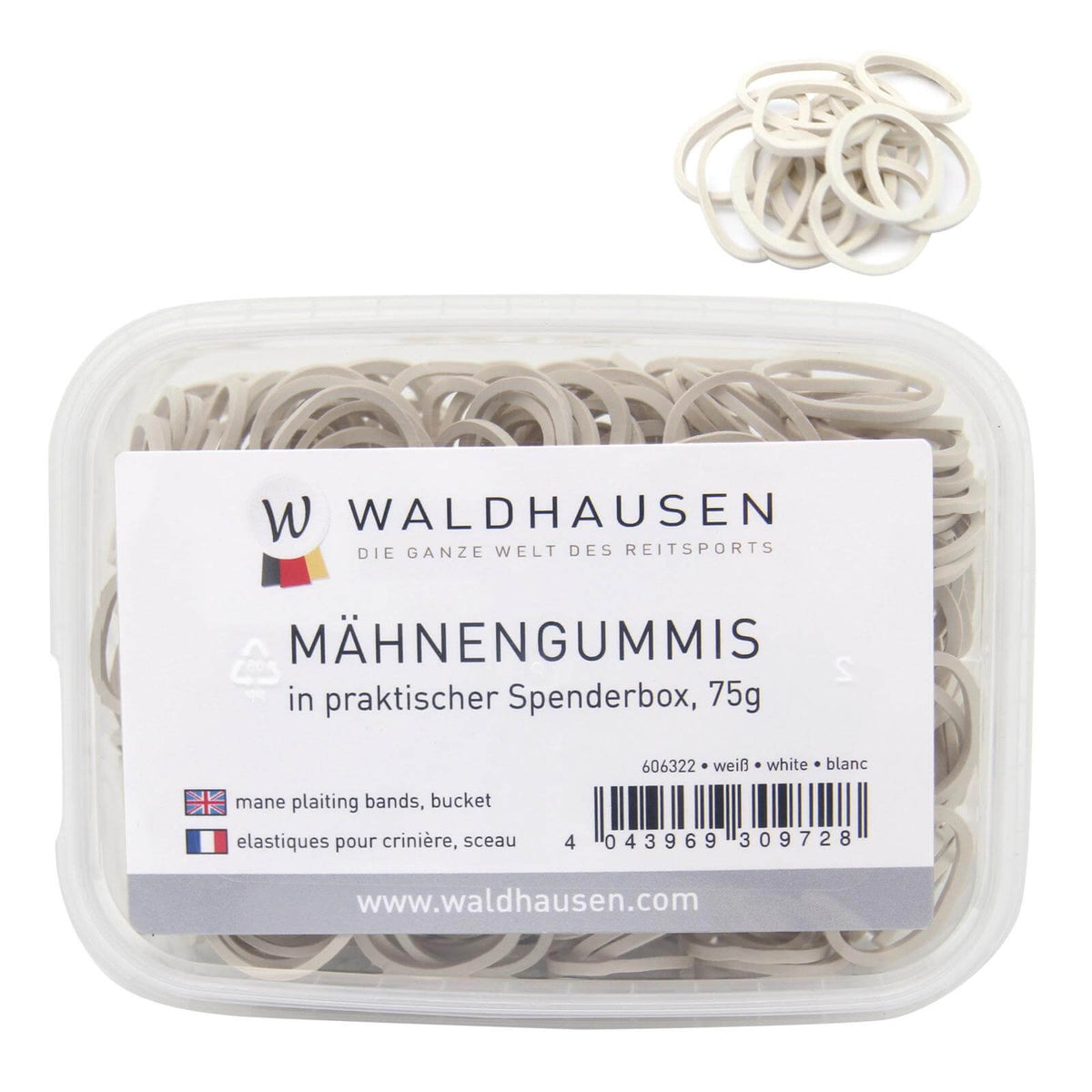 Waldhausen Mähnengummis in Spenderbox, 75 g, Weiß, Produkt allein in transparenter Box.