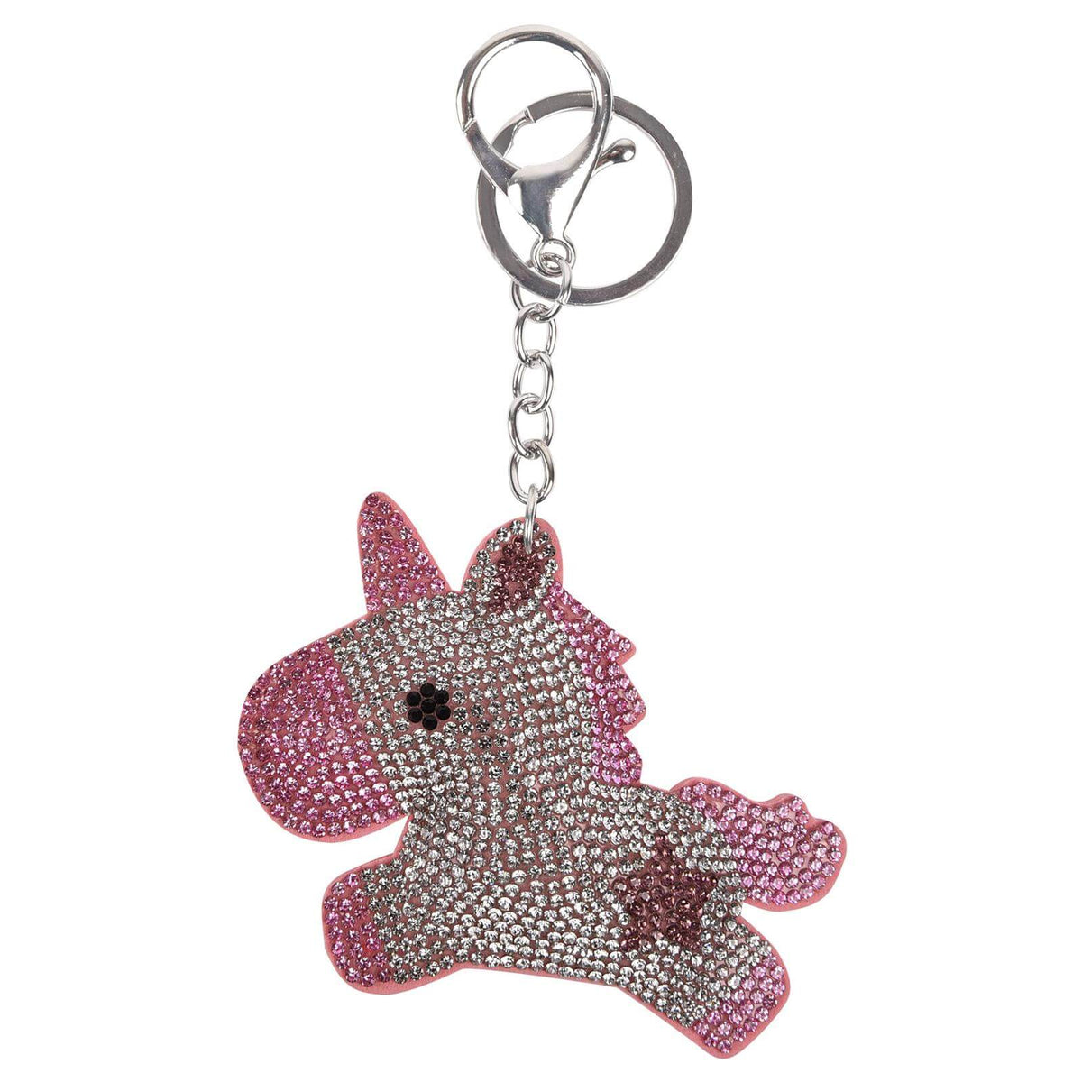 Schlüsselanhänger Einhorn, Rosa/Silber, Einhorn-Anhänger auf weißem Hintergrund.