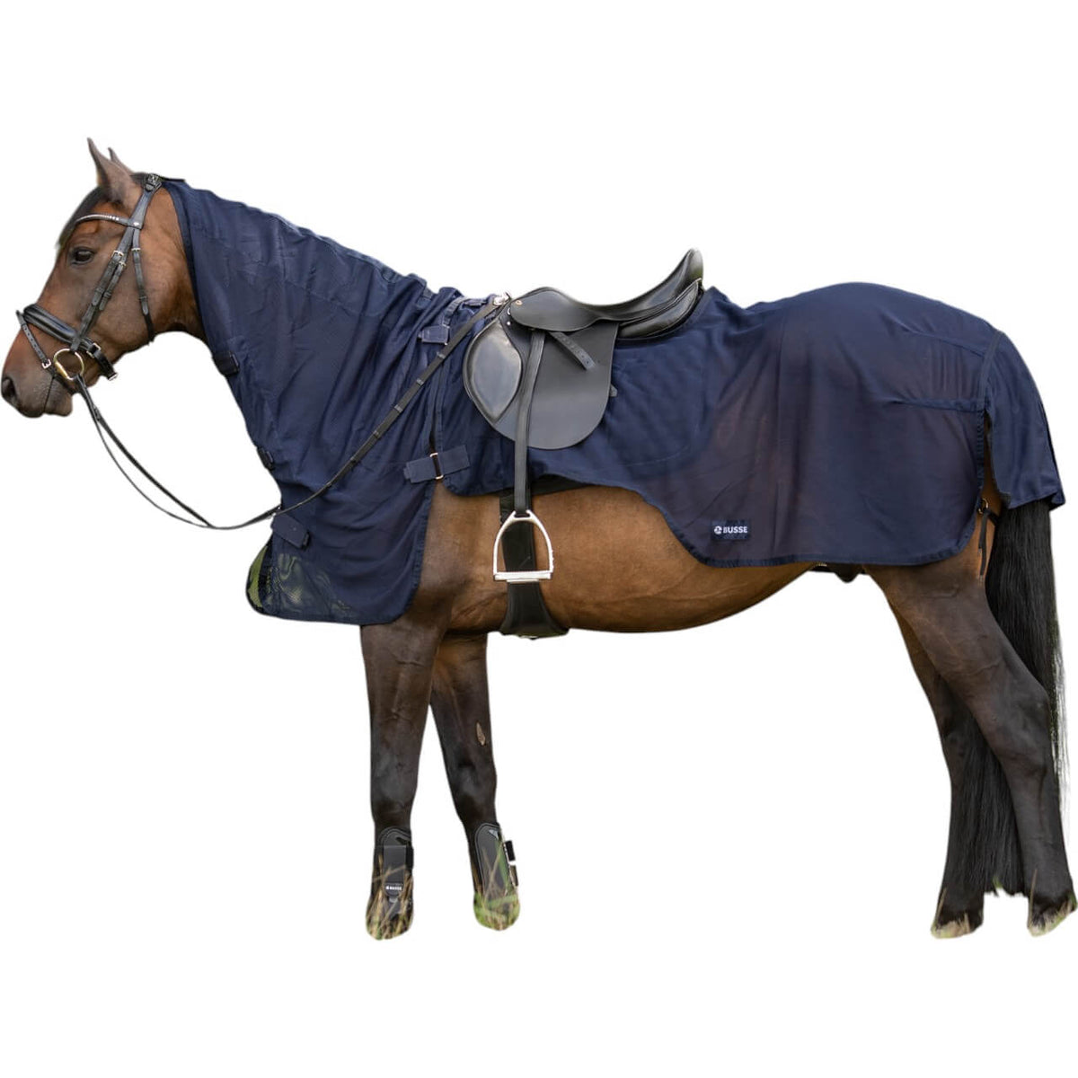 Ausreitdecke Flexi Fly III Fliegendecke, Navy, Pferd mit aufgesattelter Fliegendecke.