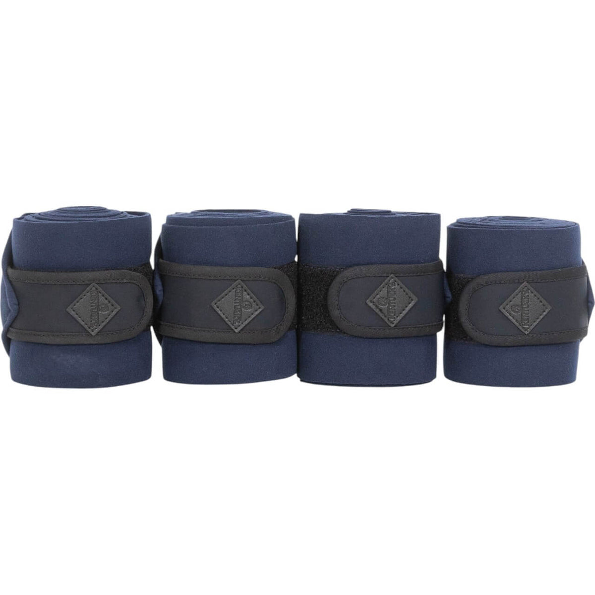 Kentucky Horsewear Bandagen Show Vegan Wool Polar Fleecebandagen, Navy, vier Bandagen nebeneinander auf weißem Hintergrund.