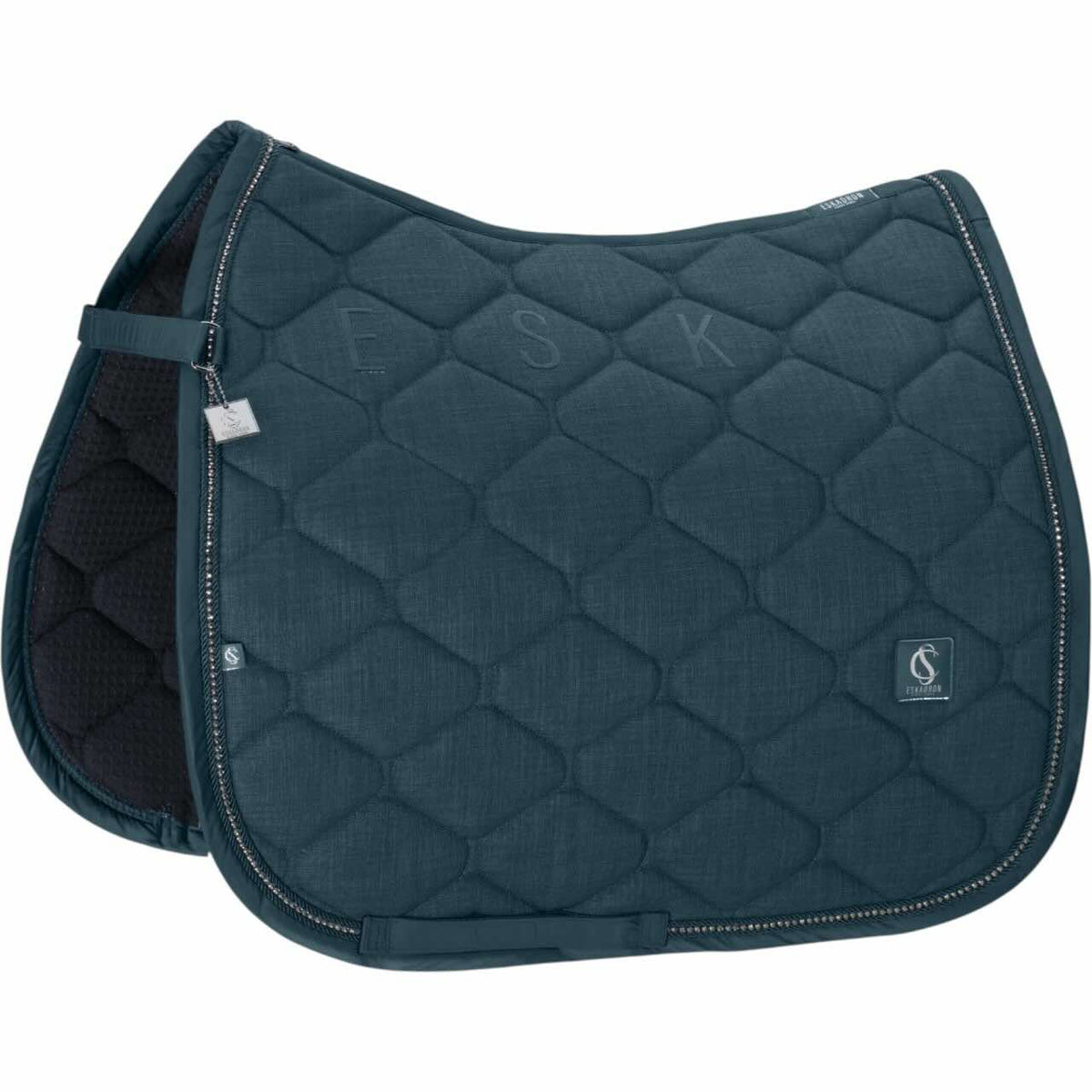 Eskadron Dressurschabracke Bouclè Crystal Classic Sports FS26 Sattelunterlage, Petrol, Produkt allein auf weißem Hintergrund.