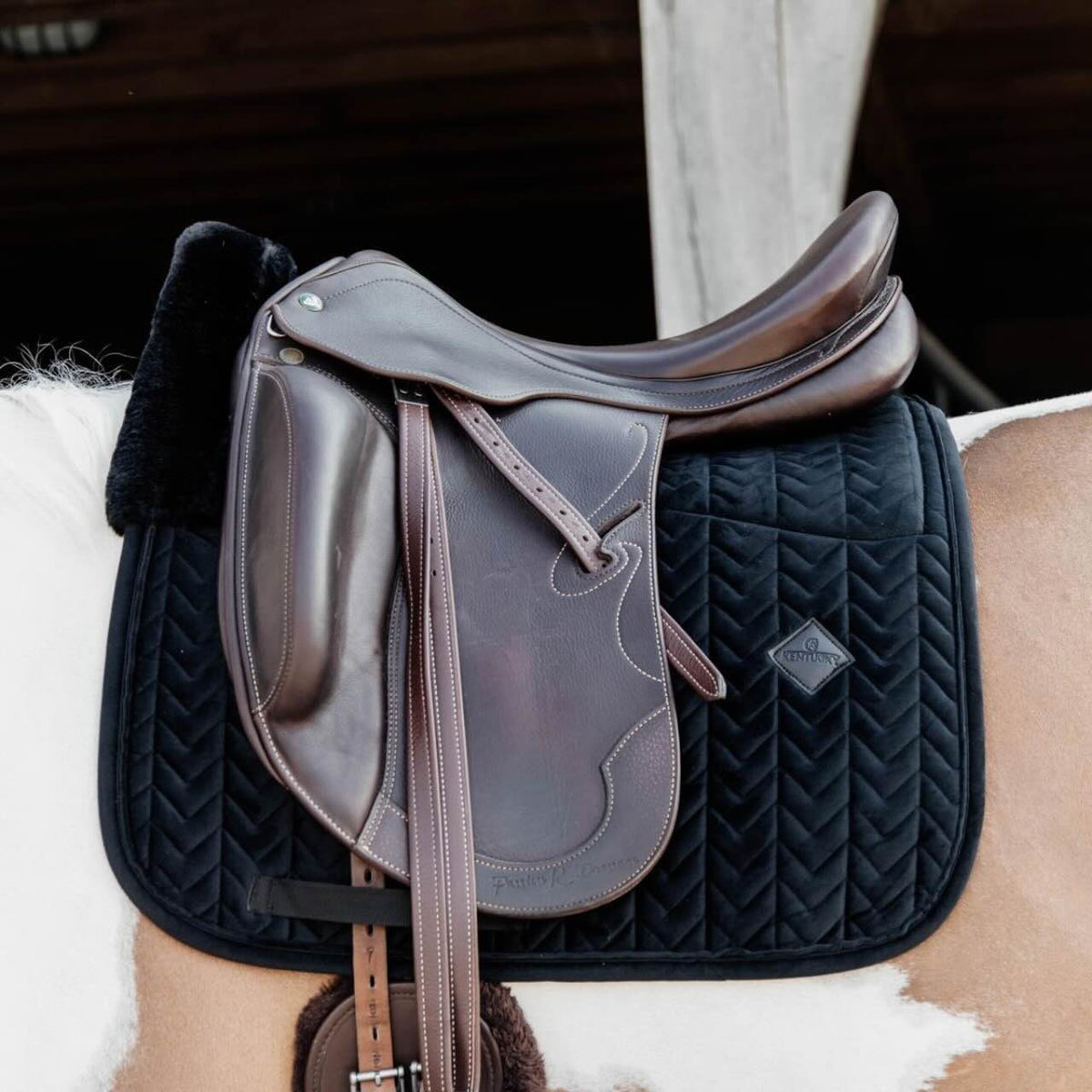 Kentucky Horsewear Dressurschabracke Velvet Skin Friendly Schabracke, Navy, unter Sattel am Pferd.
