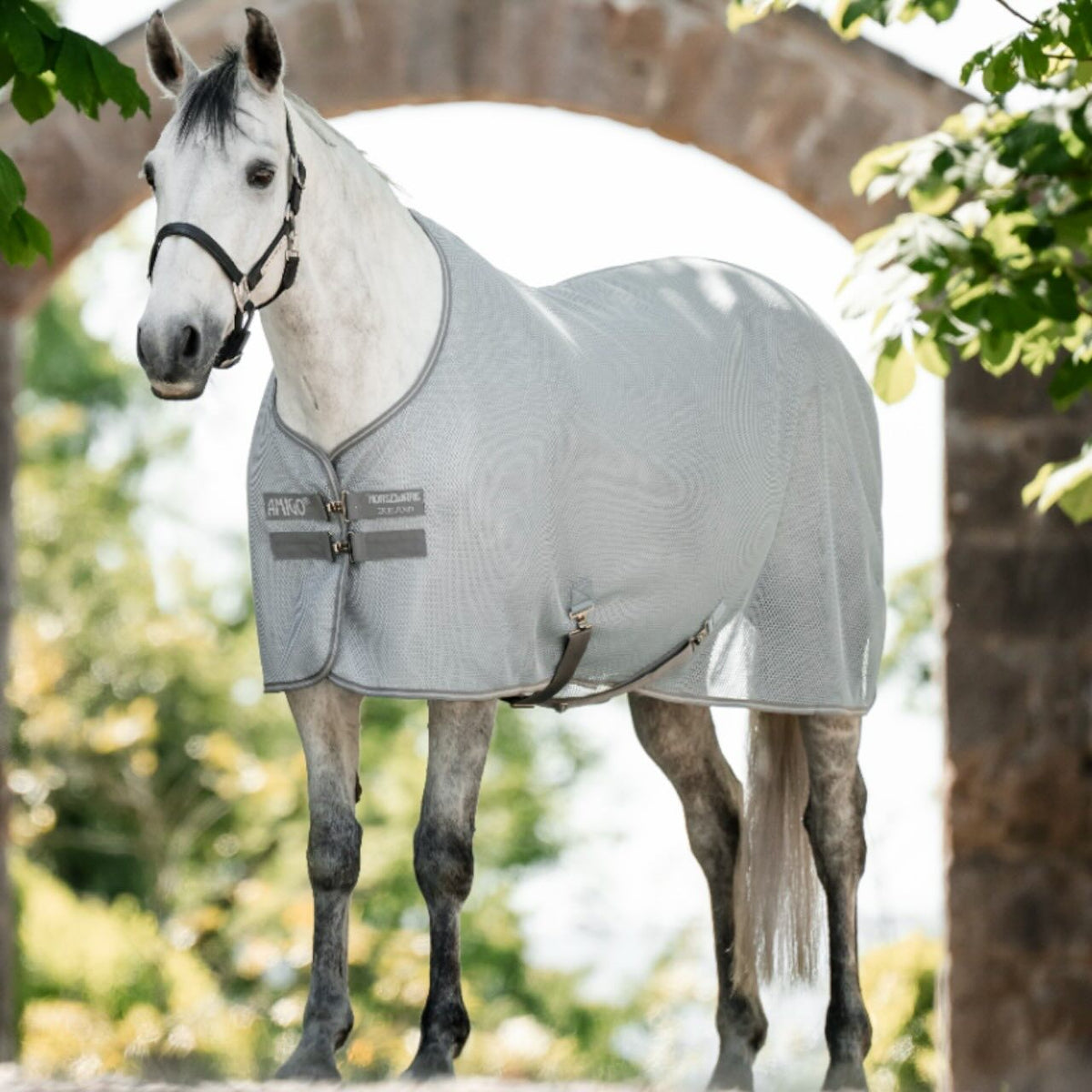Horseware Ireland Fliegendecke Amigo AirNet Cooler Abschwitzdecke, Grau, Pferd mit Decke im Freien.