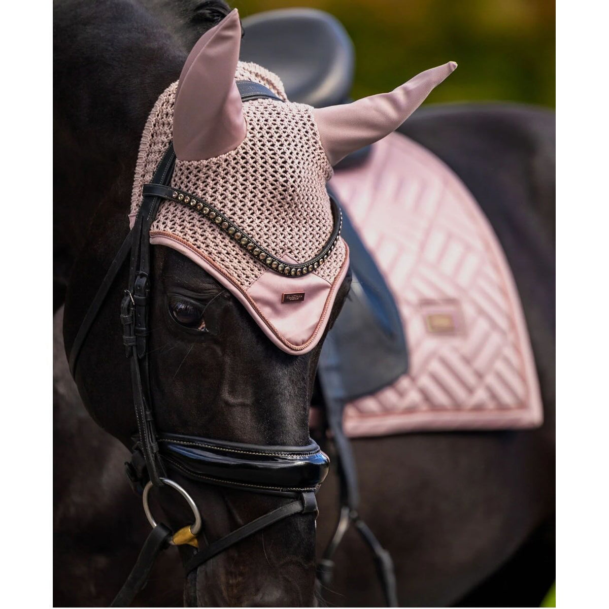 Fliegenhaube Midsummer Blush Fliegenmütze, Blush Pink, am Pferd getragen.