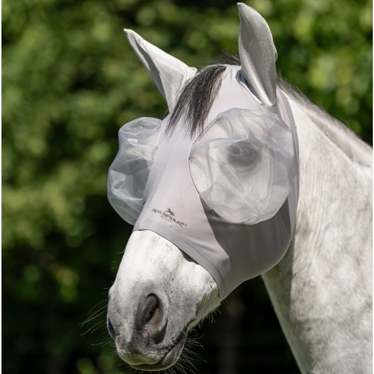Horseware Ireland Fliegenmaske Defense Fly Mask, Hellgrau, am Pferdekopf im Freien.