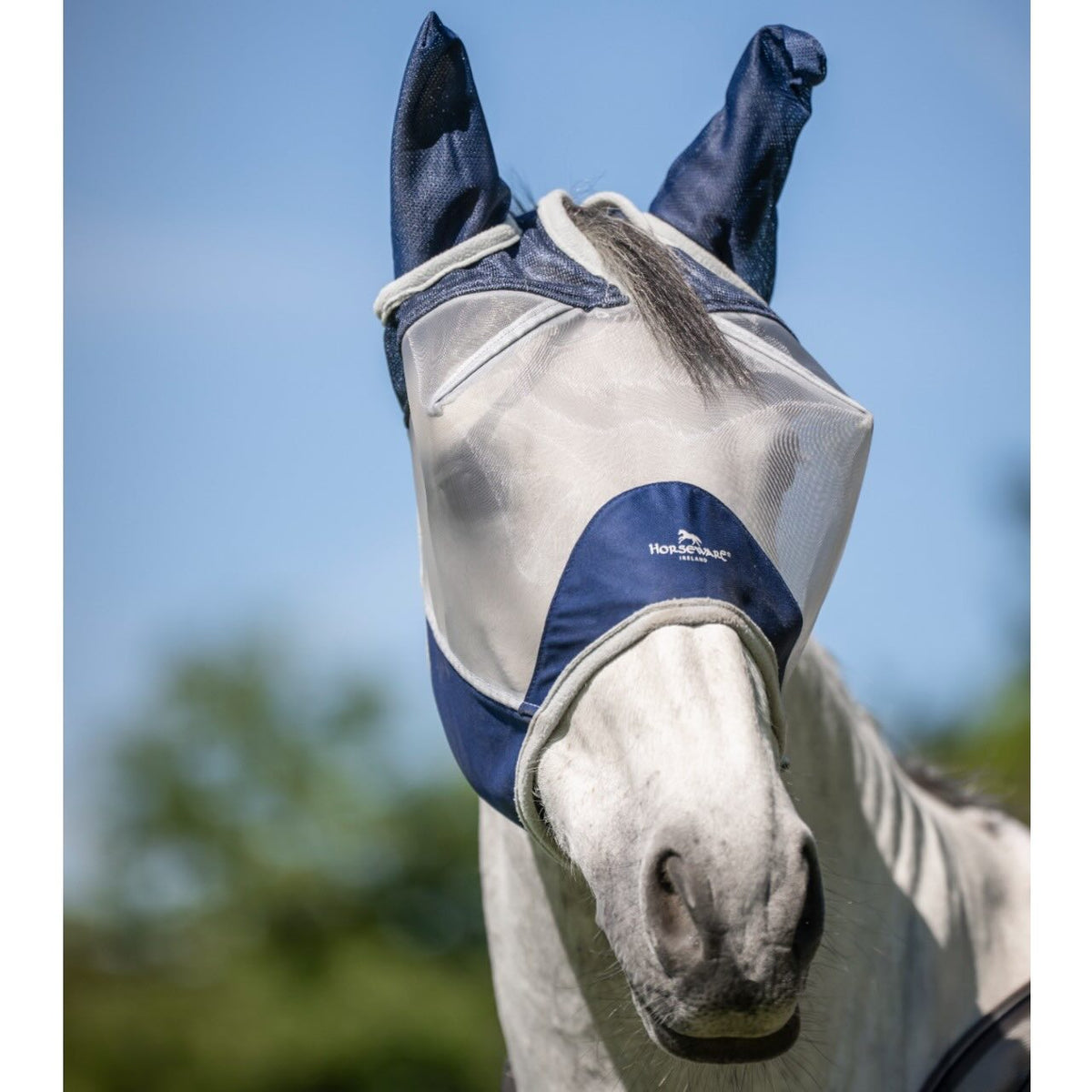 Horseware Ireland Fliegenmaske Shield Fly Mask, Midsummer Blue, Pferd trägt die Fliegenmaske.