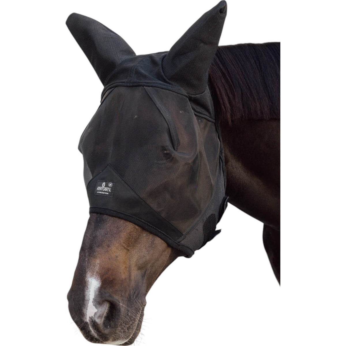 Kentucky Horsewear Fliegenmaske mit Ohren Soundless, Schwarz, Pferd trägt die Maske.