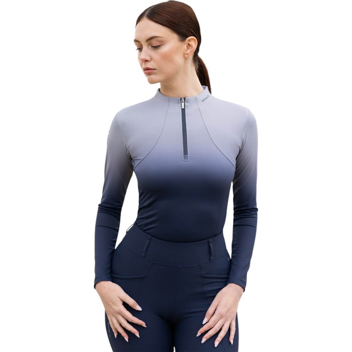 Funktionsshirt Damen Langarm Ombré Base Layer, Navy, Person trägt das Produkt.