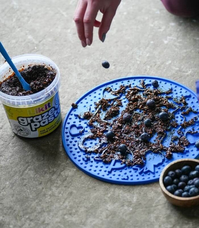 Likit Paste für Graze Maze Beschäftigungsmatte, Produkt allein mit aufgetragener Paste auf blauer Matte.