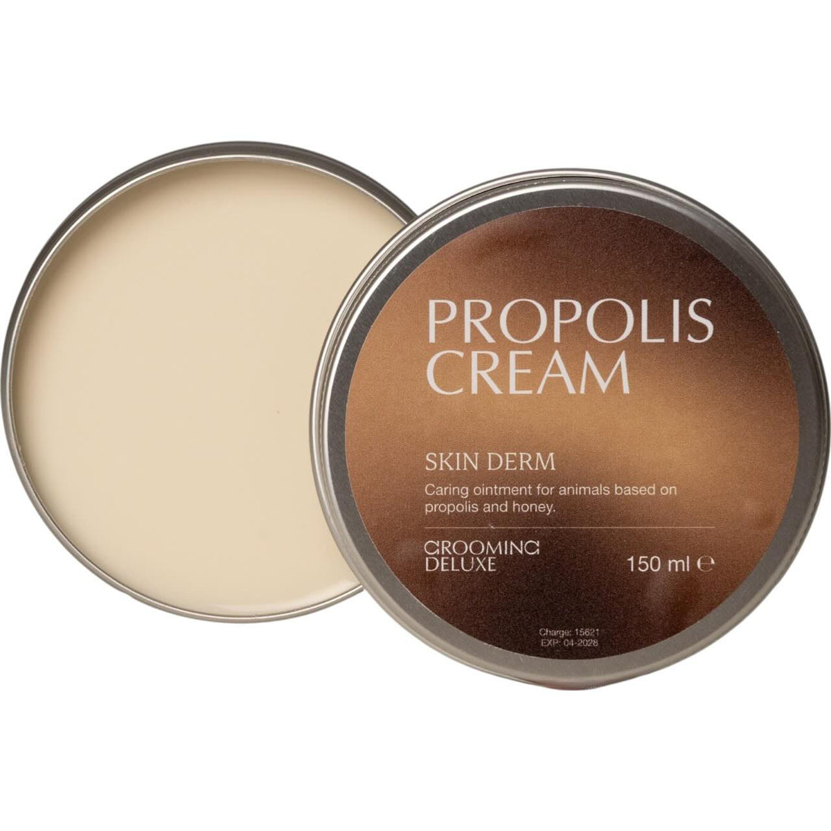 Grooming Deluxe Hautpflege Propolis Creme Hautcreme, 150 ml, Produkt allein und offene Dose.