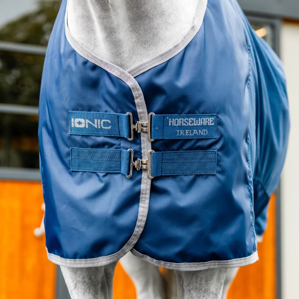 Horseware Ireland Abschwitzdecke Ionic Therapy Mesh Cooler Pferdedecke, Midsummer Blue, Pferd trägt Decke.