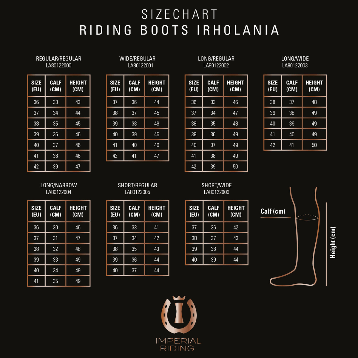 Imperial Riding Reitstiefel Damen IRHOlania, Größe und Schaftmaße im Maßchart.