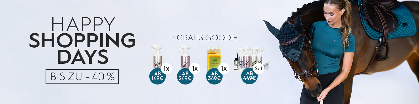HAPPY SHOPPING DAYS mit bis zu 40 % Rabatt, Gratis-Goodie und Reiterin mit Pferd, Startseiten-Banner.
